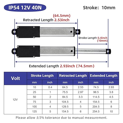 0.5 Inch 9lbs Mini Stroke 12V Electric Linear Actuator 0.6"/sec Linear Motion Actuator with Brackets for Cabinets, Robotics, Home Automation, Window Opener(40N, 10mm)