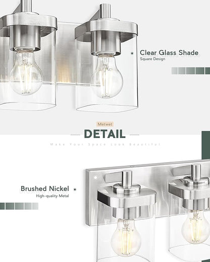 METWET Bathroom Light Fixtures, 3-Light Vanity Light with Square Clear Glass Shade, Brushed Nickel Modern Wall Sconces, Vanity Lighting Fixtures Over Mirror, VL194-BN-3