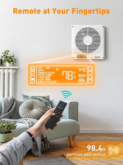 Xcity 8-Inch Room to Room Fan, Through-the-Wall Air Transfer Fan with Remote, 10-Speed Temperature Control, Quiet Reversible Airflow Ventilation for Bedroom, Kitchen & Laundry