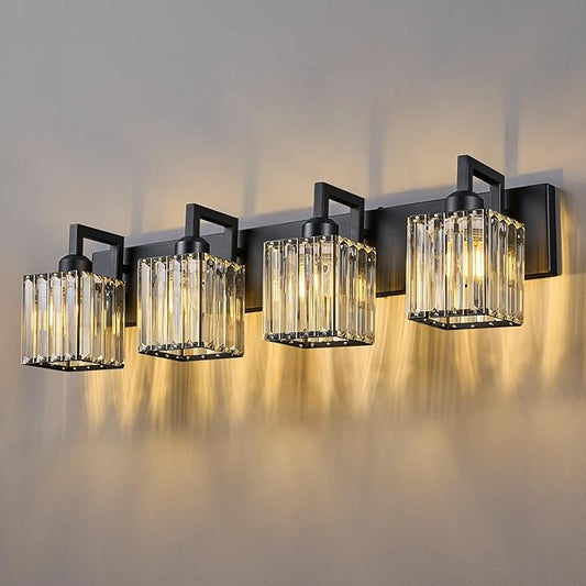 FDPBY Black Bathroom Light Fixture, 4-Light Crystal Vanity Lighting, Bathroom Lighting Fixtures Over Mirror, Modern Crystal Wall Lamp