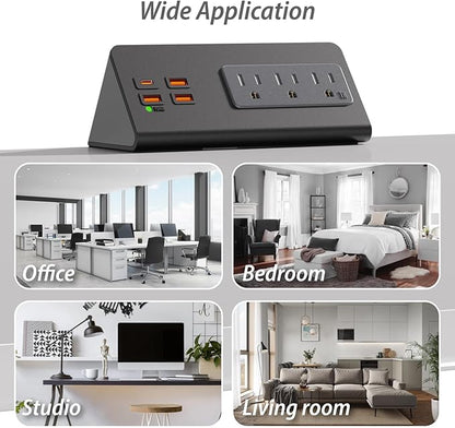 Upgraded Version Edge Mount Power Strip with USB-C Ports Tabletop Surge Protector Desk Clamp Power Sockets with 3 AC Outlets &4 Fast Charging USB Ports for Home Office Hotel Dormitory (Black - 2pack)