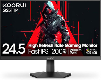 KOORUI 24.5 Inch Gaming Monitor 200Hz, 1ms, FHD(1920 * 1080p) IPS Display, HDR400, 90% DCI-P3 Color Gamut with Adaptive Sync, HDMI & DP Port, Black, G2511P