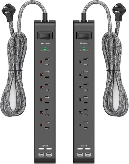 2 Pack Surge Protector Power Strip - 6 Outlets 4 USB Charging Ports, 5Ft Braided Extension Cord, Slim Flat Plug, Overload Protection, Wall Mount for Home Office, Dorm Room Essentials