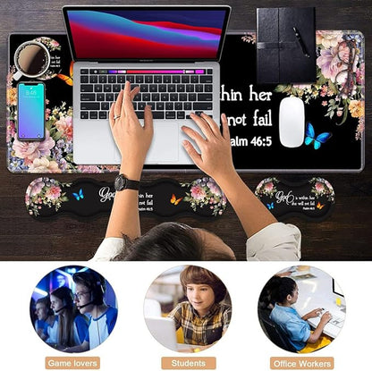 Ergonomic Keyboard Wrist Rest & Mouse Pad Wrist Rest Set, Large XXL Gaming Desk Mat 31.5"x 11.8" with Memory Foam, Easy Typing Pain Relief for Office & Home, Floral Quote Bible Verse Psalm 46:5