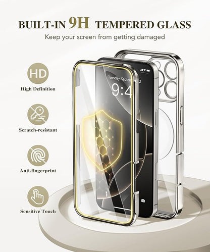 BERFY Magnetic for iPhone 16 Pro Case, Compatible with Magsafe, Built-in 9H Tempered Glass Screen Protector & Upgraded Camera Protection, Full-Body Plating Shockproof Phone Case for 16 Pro 6.3", Grey