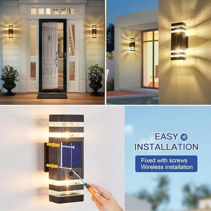 Delicavy 2 Pack Solar Outdoor Wall Lights with 3-Mode Motion Sensor Outside Sconces Up Down Solar Porch Light Fixtures 3000K 500LM Dusk to Dawn Modern Exterior Wall Lamp for House Garage Front Door