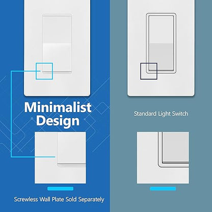 LIDER Matte White Minimalist Design Decorator Switch, Frameless Paddle Wall Light Switch, On/Off Rocker Switch, 3-Way or Single Pole, Residential Grade, UL Listed, 3 Wire, 15A 120-277VAC, 10 Pack