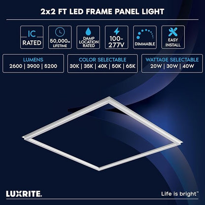 LUXRITE 2x2 FT Edge-Lit Frame LED Panel Lights, 5CCT Selectable 3000K-6500K, 2600/3900/5200LM, 20W/30W/40W Switch, Grid Drop Ceiling Lights, 0-10V Dimmable, Damp Rated, 100-277V, ETL Listed (4 Pack)