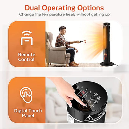 Air Choice 36" Tower Space Heater for Large Room, 1500W PTC Electric Fireplace Heater, Adjustable Thermostat, 4 Modes, 3D Flame,12H Timer, Oscillation, Remote, Heater for Indoor Use, Bedroom, Office