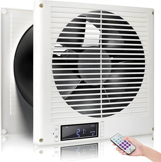 Feeligivin 20W 8” Room to Room Fan 10-Speed RC Two-Way Reversible Airflow Through Wall with Temperature and Timer Setting In-Wall Vent Fan