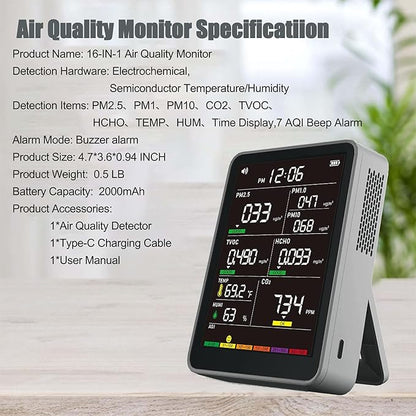 Professional Indoor Air Quality Monitor with AQI Alarms, Portable Real-Time Detector for Home Cars Plants and Pets (Cold Grey)