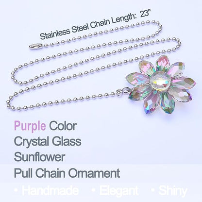 LEFERS Ceiling Fan Pull Chain, 2 Pieces 1.8" Crystal Glass Flower Pendants with 24" Ceiling Fan Chain Extender and Connector (Purple)