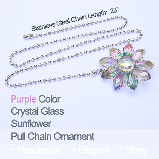 LEFERS Ceiling Fan Pull Chain, 2 Pieces 1.8" Crystal Glass Flower Pendants with 24" Ceiling Fan Chain Extender and Connector (Purple)