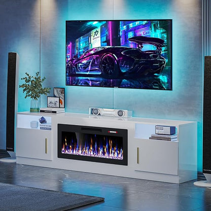 VITESSE TV Stand with 36" inch Electric Fireplace Up to 90" TVs, LED Light Entertainment Center, 80" Modern Wood High Gloss Fireplace with Highlight Storage Cabinet for Living Room (White)