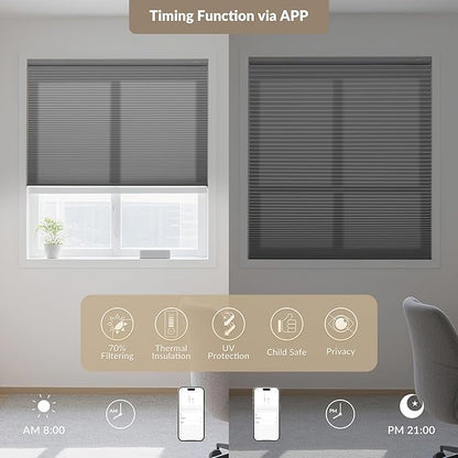 Boolegon No Drill Motorized Cellular Blinds With Remote Motorized Blackout Honeycomb Blinds For Indoor Windows Easy to Install Automatic Cellular Shades For Home,Light Filtering Light Gray,Custom Size