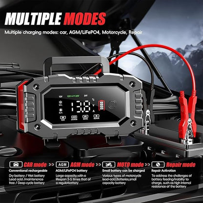 Car Battery Charger 20Amp, 12V 24V LiFePO4 Lead Acid Automatic Smart Battery Maintainer,Trickle Charger Automotive & Desulfator, Repair & Winter Mode w/Protections For AGM STD Gel Deep Cycle Batteries