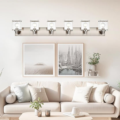 WINSHEN 6-Lights Brushed Nickel Bathroom Light Fixture Over Mirror, Modern Wall Sconce with Clear Glass Shades, E26 Bulb Base Vanity Lighting for Over Mirror Kitchen
