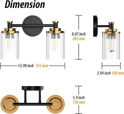 PHIXART Bathroom Lighting Fixtures Black and Gold Bathroom Vanity Light with Cylindrical Clear Stripes Glass Lampshade E26 Socket Base Bathroom Lighting Fixtures Over Mirror (2 Lights)