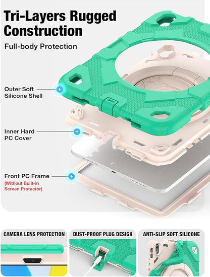 SCSVPN for iPad (A16) 11th/10th Generation Case 11 inch 2025/10.9 inch 2022, Rugged Shockproof Protective Silicone Case for Kids with Pencil Holder, Rotate Stand & Handle, Shoulder Strap - Mint Green