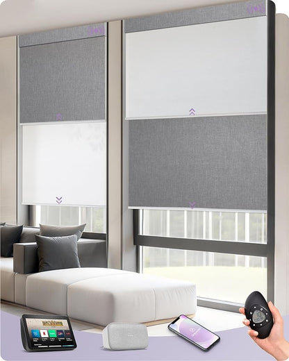 Graywind Motorized Dual Shades for Windows Smart Double Blinds Blackout and Light Filtering Motorized Blinds with Remote Alexa Google Control Day Night Shades, Custom Size (Blackout Light Grey)