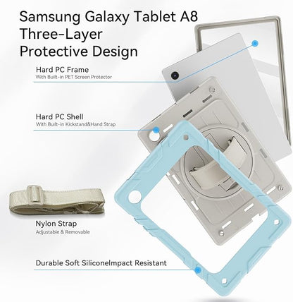 for Samsung Galaxy Tablet A8 Case 10.5 inch 2022 SM-X200/X205/X207 with Screen Protector [360 Rotating Stand] &Hand Shoulder Strap Shockproof Rugged Protective Cover|Blue&Beige
