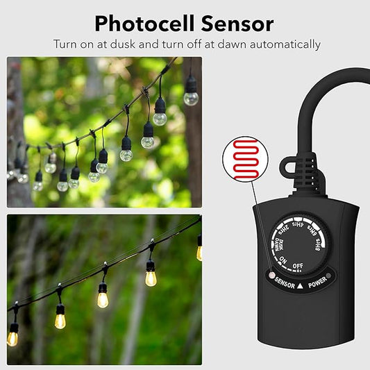 HBN Outdoor Light Timer Waterproof, Weatherproof Photocell Dusk to Dawn Light Sensor, 2/4/6/8 Countdown Timer, 1 Grounded Outlet for Christmas Lights，Hallowen Deceration，1875W 15A 1/2HP（2 Pack）