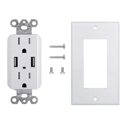 EverElectrix 2 Pack 4.8A Wall Outlet With USB Ports - 15Amp Duplex Tamper Resistant Charger, UL Listed, Electrical Receptacle With Dual USB, White
