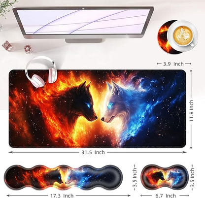 BFUKVOU Large Keyboard Mouse Pad Set, Extended Mouse Pad+Keyboard Wrist Rest Support, Memory Foam Ergonomic Easy Typing, 4Pcs (31.5×11.8 in) Desk Pad Set for Office Home,Cool Wolves