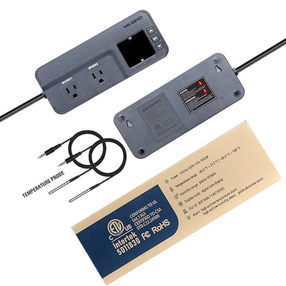 Inkbird ITC-608T Temperature Controller with Dual Temperature Sensor AC Dual Stage Outlet Thermostat with 12 Period Time Stage 1800W ETL Listed