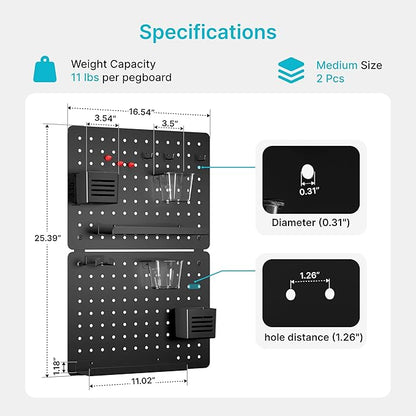 PEGZONE Pegboard Wall Organizer Combination Kit, Overall 25.4"x16.6" Metal Office Pegboard with 13 Accessories, Wall Mounted Peg board Display Panels for Home, Gaming Room, Garage (2Pcs, Medium,Black)