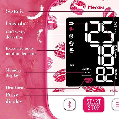 Meraw Blood Pressure Monitor Home Use, Blood Pressure Cuff Digital Arm, Blood Pressure Monitor Automatic Cuff 8.7-16.5" Bluetooth App Tracking Irregular Heartbeat Monitoring Pink