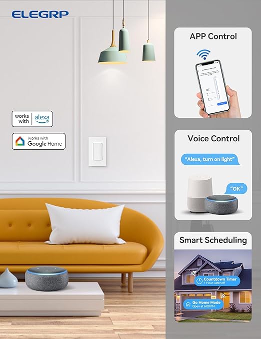 ELEGRP Single Pole Smart Dimmer Light Switch DPR10, 2.4GHz Wi-Fi Dimmer Switch Compatible with Alexa and Google Assistant, Needs Neutral Wire, No Hub Required, UL and FCC Listed, White, 10 Pack