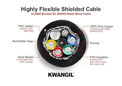 KWANGIL 6C 20AWG AMSB Shielded Cable Wire (UL2464) - Highly Flexible Str TC, PVC Ins, OS+TC BRD, PVC JKT for CNC Machine, Stepper Motor, VFD Spindle (Matte Black 50FT)