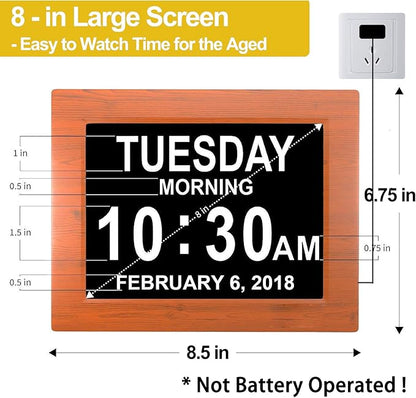 JALL 【New 2024】 Digital Calendar Alarm Day Clock - with 8" Large Screen Display, am pm, Multiple Alarms, for Impaired Vision People, The Aged Seniors, The Dementia, for Desk, Wall Mounted, Wood