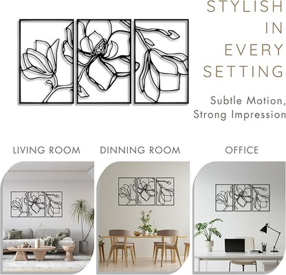 Wita Home Poppy Flower Metal Wall Art, 3-Panel Botanical Line Design, Modern Floral Wall Decor for Living Room, Bedroom, Office, Indoor & Outdoor Display (32×16 inches)