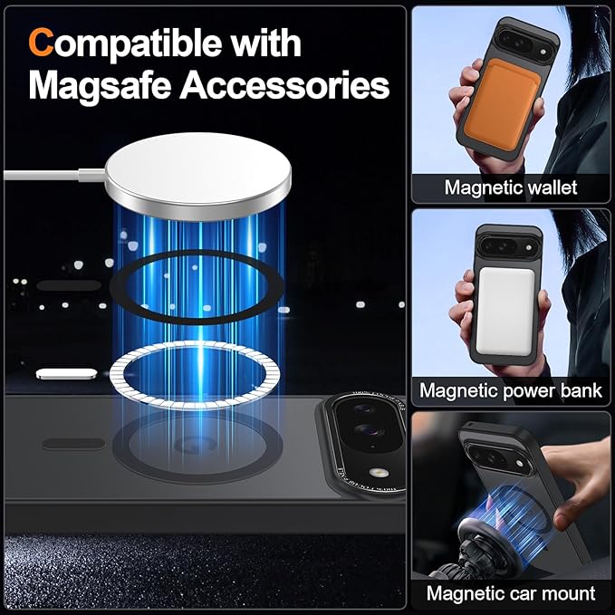 Magnetic for Google Pixel 9/Pixel 9 Pro Case, [Military Grade Drop Protection] [Compatible with MagSafe] Shockproof Slim Translucent Matte Anti-Slip for Women Girls Men Case, Black