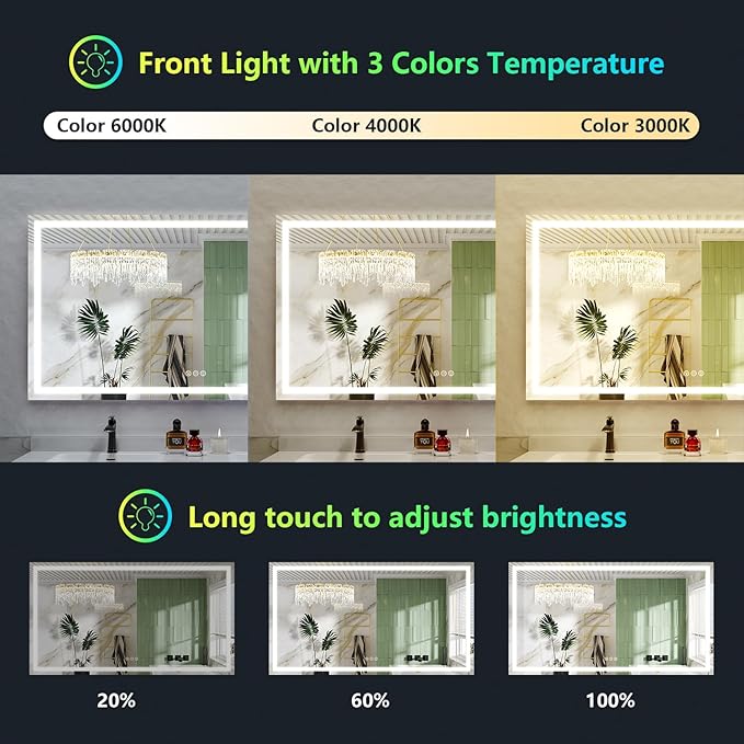 YEELAIT 60x38 Inch RGB LED Bathroom Mirror Front Light and RGB Backlit Lighted Vanity Mirror for Bathroom Wall Mounted Dimmable Anti Fog Memory Shatter-Proof IP54 Waterproof Horizontal/Vertical