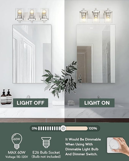 METWET Bathroom Light Fixtures, 3-Light Vanity Light with Square Clear Glass Shade, Brushed Nickel Modern Wall Sconces, Vanity Lighting Fixtures Over Mirror, VL194-BN-3