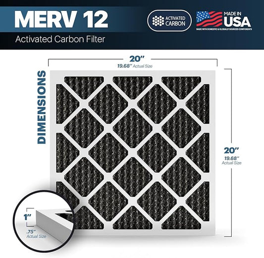 BNX TruFilter 20x20x1 MERV 12 Odor Defense (2-Pack) AC Furnace Air Filter with Activated Carbon - MADE IN USA - Pleated Air Conditioner HVAC AC Furnace Filters - Removes Odor, Mold, Bacteria, Smoke