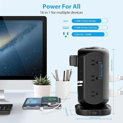 AOFO Long Extension Cord 15 ft Power Strip Tower, Surge Protector 12 AC Outlets 4 USB(1 USB C) Ports, Charging Tower Overload Protection with Multiple Outlets for Home Office