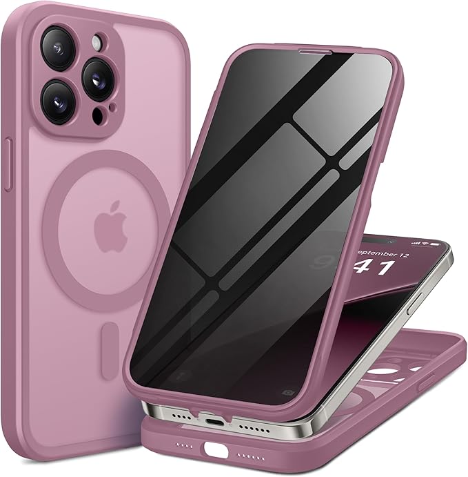 BERFY Magnetic for iPhone 14 Pro Max Case,Compatible with MagSafe,Built-in Privacy Screen Protector and Upgraded Camera Protection,Anti-Spy Full Body Shockproof Phone Case for 14 Pro Max,Palevioletred