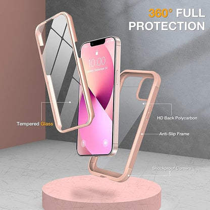 Miracase Compatible with iPhone 13 Mini case 5.4 inch, 2023 Upgrade Full-Body Glass Clear Case Bumper Case with Built-in 9H Tempered Glass Screen Protector for iPhone 13 Mini,Crystal Pink