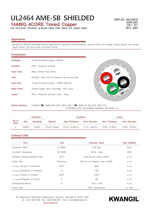 KWANGIL 4C 14AWG AMESB Shielded Cable Wire (UL2464) - Flexible Str TC, PVC Ins, OS+Drain+TC BRD, PVC JKT for CNC Machine, Stepper Motor, VFD Spindle (Gray 25FT)