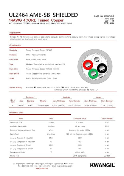 KWANGIL 4C 14AWG AMESB Shielded Cable Wire (UL2464) - Flexible Str TC, PVC Ins, OS+Drain+TC BRD, PVC JKT for CNC Machine, Stepper Motor, VFD Spindle (Gray 25FT)