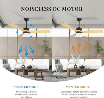 revoici 52” Ceiling Fans with Lights Remote Control, Quiet DC Motor 3 Blade Wood Ceiling Fan with LED Light, Indoor Outdoor Ceiling Fans for Patio Living Room, Bedroom, Office