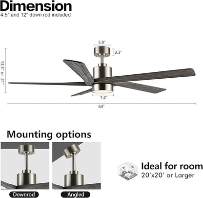 WINGBO 64 Inch DC Ceiling Fan with Lights and Remote Control, 5 Reversible Carved Wood Blades, 6-Speed Noiseless DC Motor, Modern Ceiling Fan in Brushed Nickel Finish with Gray Blades, ETL Listed