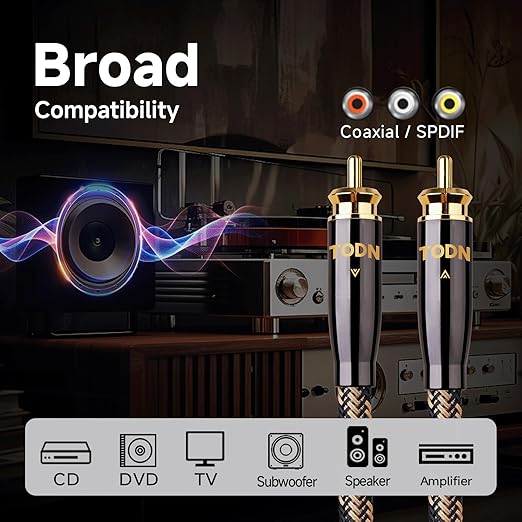 TODN Digital Coaxial Cable 75-Ohm Audiophile SPDIF Coax Audio Cable RCA to RCA for HiFi Systems (6.5ft /2m)