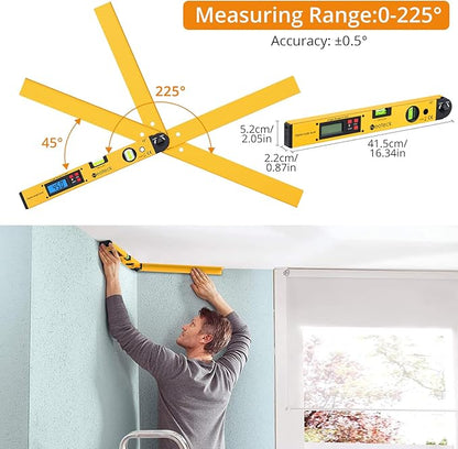 Neoteck 225° 16 inch Digital Angle Finder Aluminum Protractor with LCD Backlight Digital Angle Measuring Tool with Horizontal and Vertical Bubble for Woodworking, Construction, Machinery - Golden