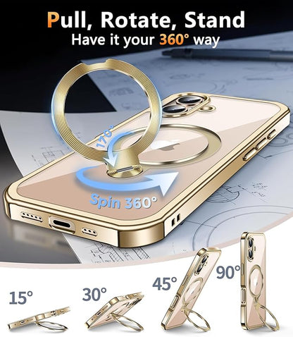 [360° Rotatable CD Stand & Built-in Privacy Screen Magnetic Case for iPhone 16 [Compatible with MagSafe & Full Signal] Mil-Grade Shockproof Full Body Anti-Spy Cover for 16-Gold