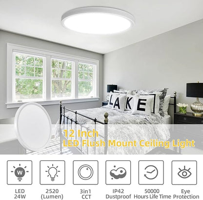 RLEDPZTX 4PK 12 Inch LED Flush Mount Ceiling Light, 24W, 2520LM,3000K/4000K/6000K CCT Selectable, Round Flat Panel Low Profile Ceiling Light Fitures for Hallway, Kitchen, Bedroom, Laundry Room,White